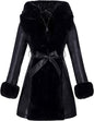 RISISSIDA Luxurious Women Winter Fur Lined Coat, Leather Jacket with Hooded Long Fur Collar, Thick Warm Heavy Overcoat Belted