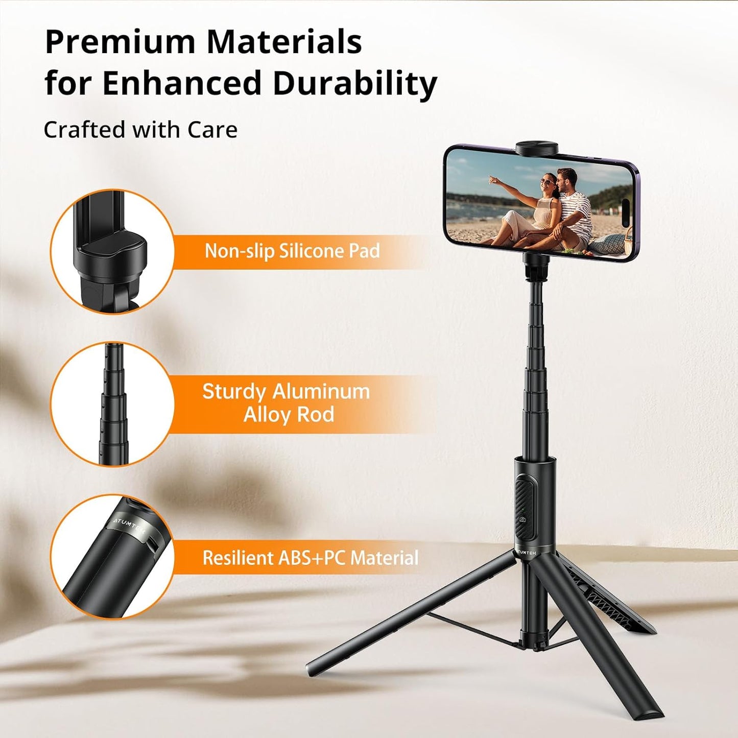 ATUMTEK Selfie Stick Tripod, All-in-one Extendable Aluminum Phone Tripod with Rechargeable Bluetooth Remote, 360 Rotatable for iPhone 16 Pro Max/15/14/13 Samsung Smartphones, Black