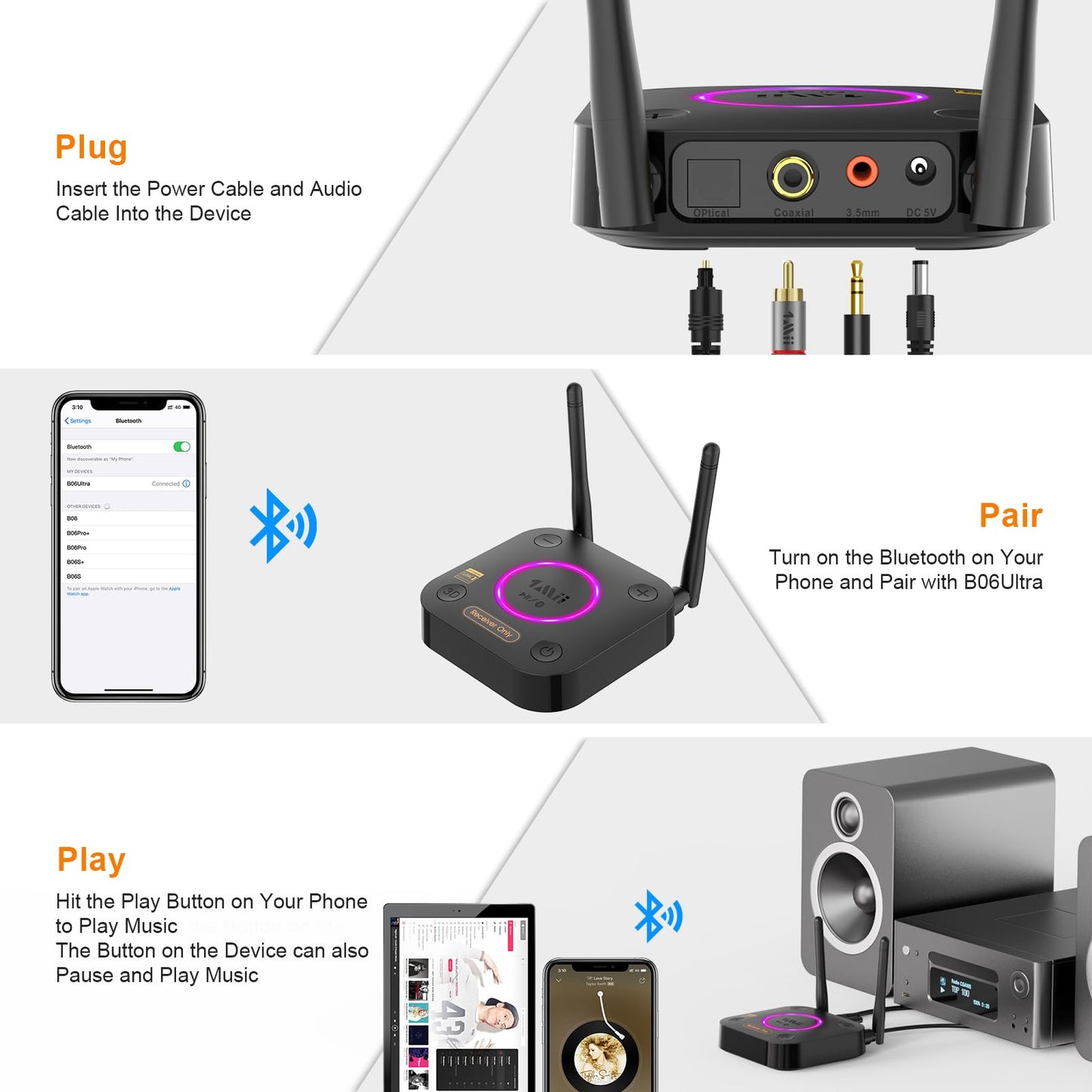 [Upgraded] 1Mii B06Pro Long Range Bluetooth Receiver, HiFi Wireless Audio Adapter, Bluetooth 5.1 Receiver with 3D Surround aptX HD Low Latency Optical RCA AUX 3.5mm Coaxial for Home Stereo System