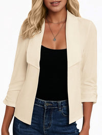 Mina Self 2025 Fall Women's 3/4 Ruched Sleeve Blazer - Cropped Open Front Shawl Collar Casual Light Office Work Jacket