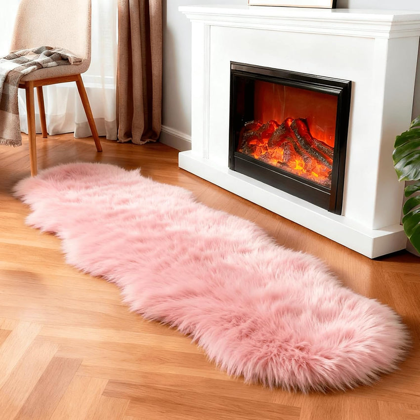 Faux Fur Rug Sheepskin Shag Fluffy Fuzzy White 2x6 ft Runner Rugs for Bedroom Bedside Bed Floor Living Room Plush High-Density Cushion Carpet Super Sofa Cover