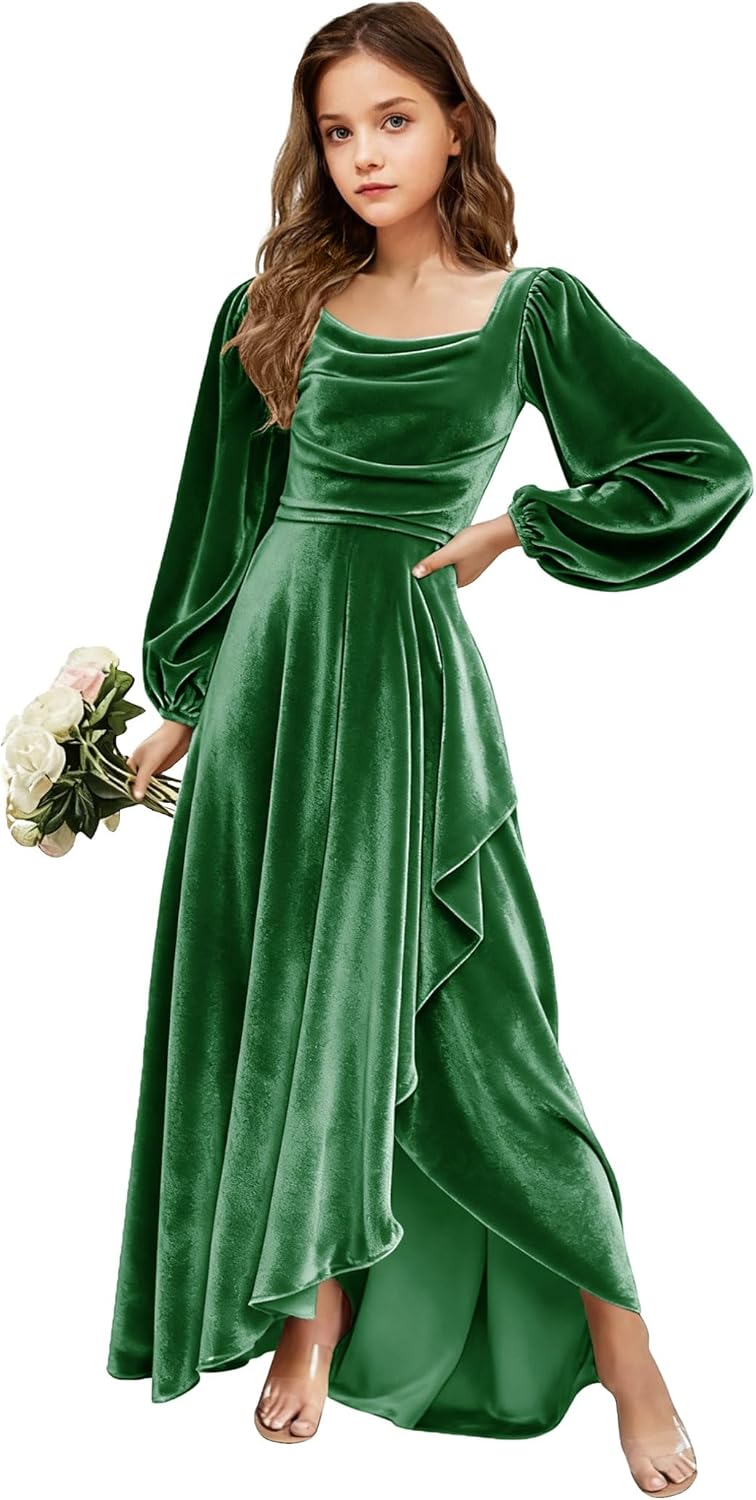Velvet Junior Bridesmaid Dresses Long Sleeve Girls Christmas Dress Flower Girl Dresses Wedding Guest Maxi Party Gown