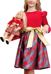 QPANCY Matching Girls & Doll Christmas Dresses Classic Plaid Long Sleeve Holiday Dress Kids Midi Velour Dress