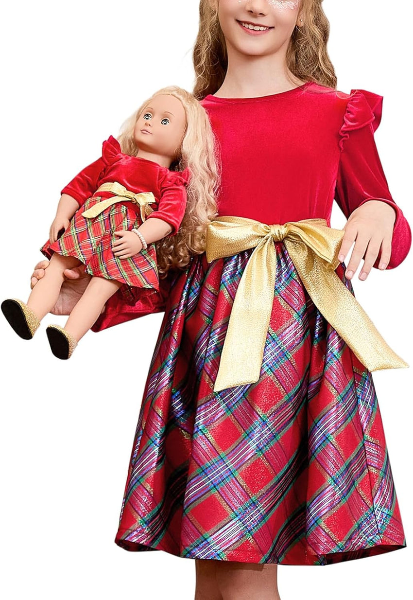 QPANCY Matching Girls & Doll Christmas Dresses Classic Plaid Long Sleeve Holiday Dress Kids Midi Velour Dress