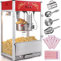 VEVOR Commercial Popcorn Machine, 8 Oz Kettle, 850 W Popcorn Maker on Wheels for 48 Cups per Batch, Theater Style Popper with 3-Switch Control Steel Frame Tempered Glass Doors Cart 1 Scoop 2 Spoons