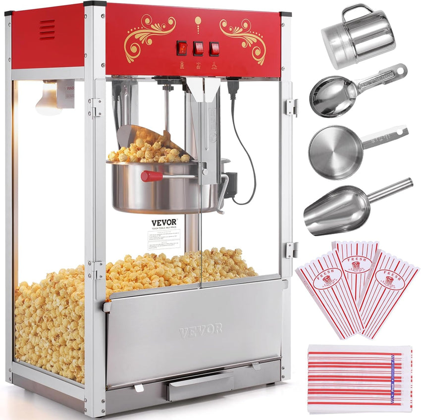 VEVOR Commercial Popcorn Machine, 8 Oz Kettle, 850 W Popcorn Maker on Wheels for 48 Cups per Batch, Theater Style Popper with 3-Switch Control Steel Frame Tempered Glass Doors Cart 1 Scoop 2 Spoons