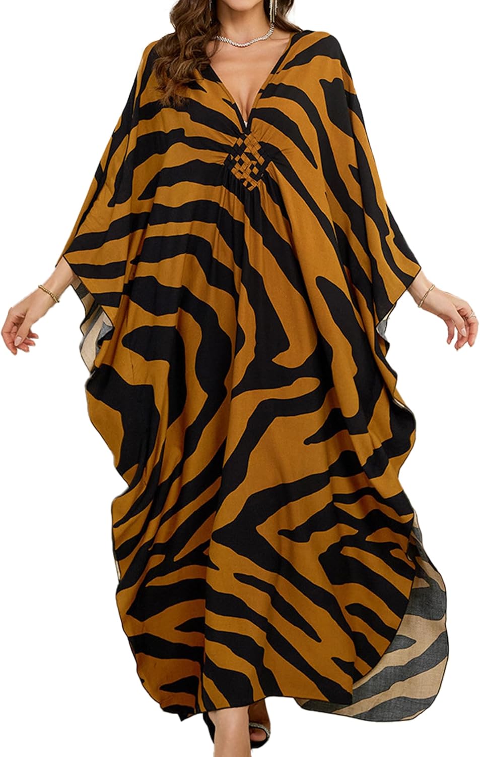 Women Kaftan Dresses Plus Size V-Neck Batwing Sleeves Beach Cover Up 2025 Summer Floral Print Caftan Dress