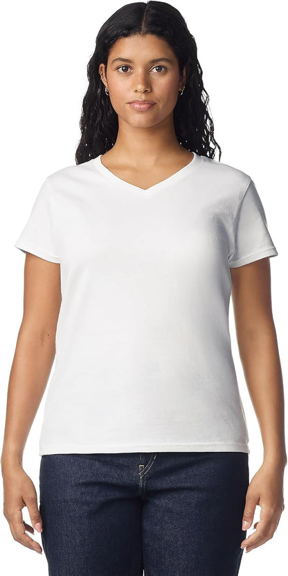 Gildan Women's Heavy Cotton V-Neck T-Shirt, 2-Pack, White, Large (Clearance)