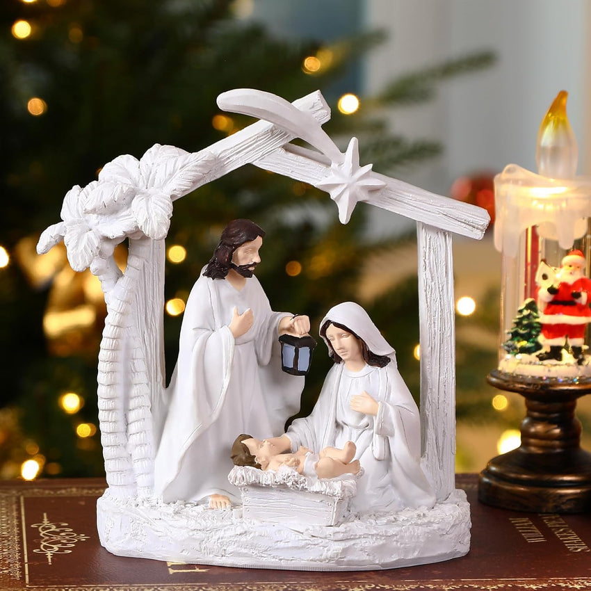 Alupssuc Nativity Set for Christmas Indoor Nativity Scene Decoration, Sculpted Hand Painted Nativity Figurines Scene with Manger, Nativity Figures Sets for Indoor Tabletop Decorations, White