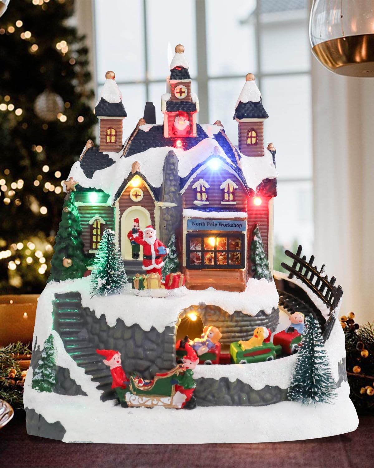 Bdor Christmas Village Lighted Decoration Musical Animated Display Christmas Collectible Santa Battery Operated Resin Indoor Decor