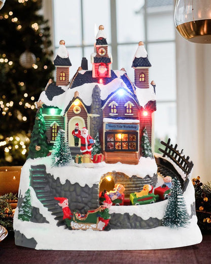Bdor Christmas Village Lighted Decoration Musical Animated Display Christmas Collectible Santa Battery Operated Resin Indoor Decor