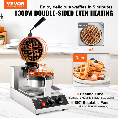 VEVOR Commercial Waffle Maker, 1300W Round Waffle Iron, Non-Stick Rotatable Waffle Baker Machine With 122-572℉ Temp Range and Time Control, Teflon-Coated Baking Pan Stainless Steel Body 120V