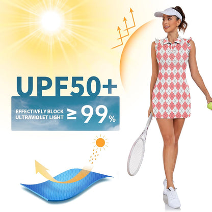 WOWENY Tennis Dress Polo Buttons Golf Dresses with Built in Shorts and Pockets Ruffle Sleeveless Athletic Workout Dress