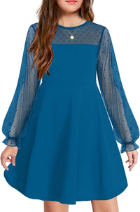 Arshiner Girl's Contrast Mesh Puff Long Sleeve High Waist A Line Short Dress with Pockets for 6-13 Years