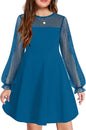 Arshiner Girl's Contrast Mesh Puff Long Sleeve High Waist A Line Short Dress with Pockets for 6-13 Years