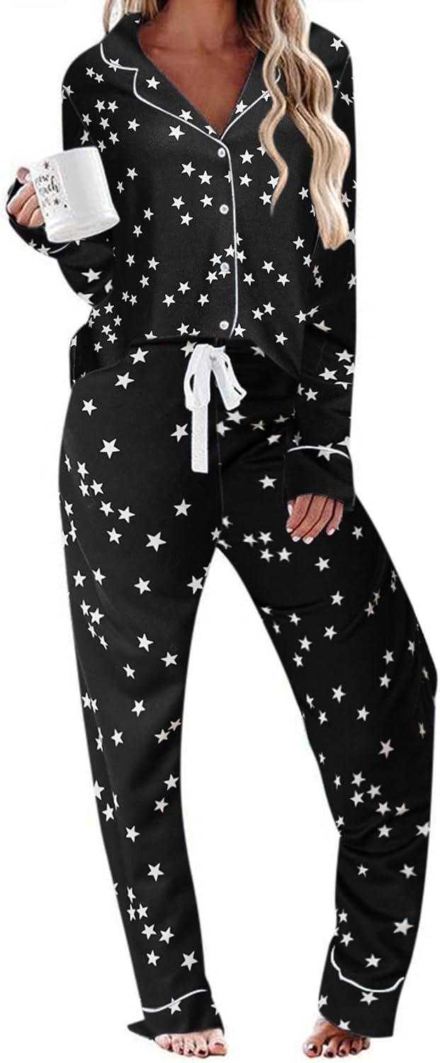 Ekouaer Women's Pajamas Long Sleeve Sleepwear Casual Button Down Loungewear Soft Pjs Set S-XXL