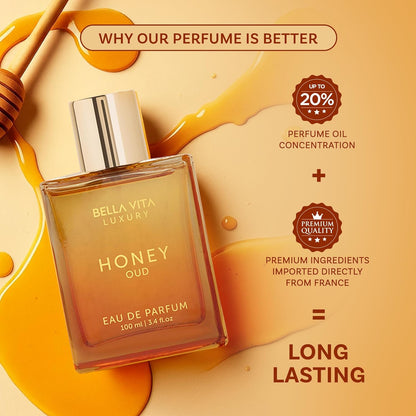 BellaVita Luxury Honey Oud Eau de Parfum (3.4 fl. oz.) | Patchouli, Vanilla, Bergamot, Floral & Spicy + Made with Clean & Vegan Essentials Oils + Cruelty Free | Long-Lasting Unisex Fragrance