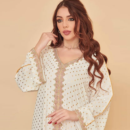 FPOVFPO Women's Muslim Abaya One-Piece V Neck Bronzing Dress Islamic Full Length Kaftan Daily Casual