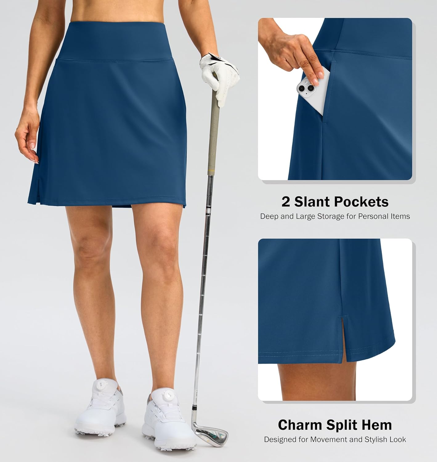 SANTINY 18" Skorts for Women 3 Pockets High Waist Long Athletic Tennis Skirt Golf Skort for Casual Summer Travel