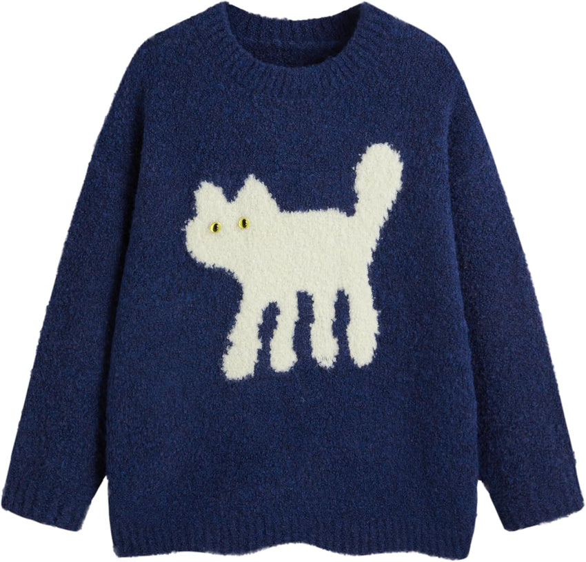 CIDER Women’s Cat Sweater Long Sleeve Crew Neck Fun Graphic Cute Patterned Pullover Sweater Tops