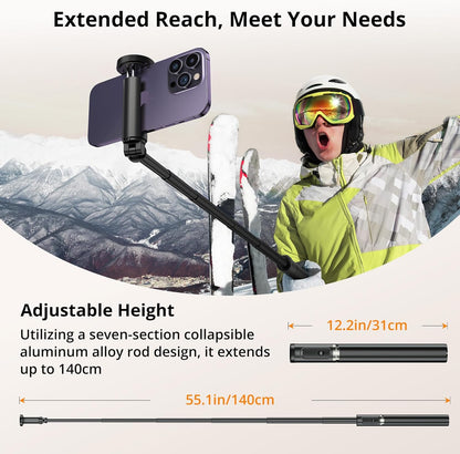 ATUMTEK Selfie Stick Tripod, All-in-one Extendable Aluminum Phone Tripod with Rechargeable Bluetooth Remote, 360 Rotatable for iPhone 16 Pro Max/15/14/13 Samsung Smartphones, Black