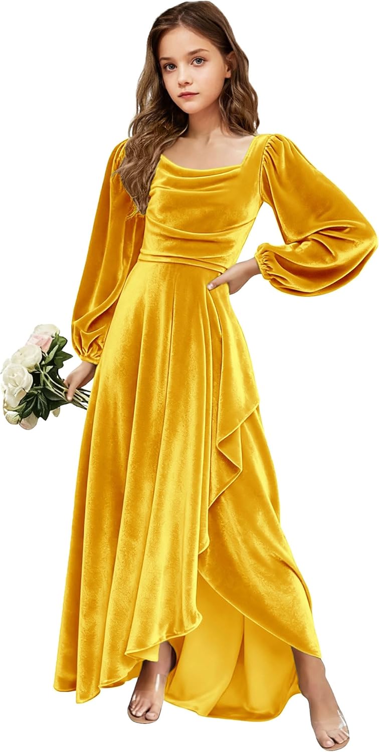 Velvet Junior Bridesmaid Dresses Long Sleeve Girls Christmas Dress Flower Girl Dresses Wedding Guest Maxi Party Gown