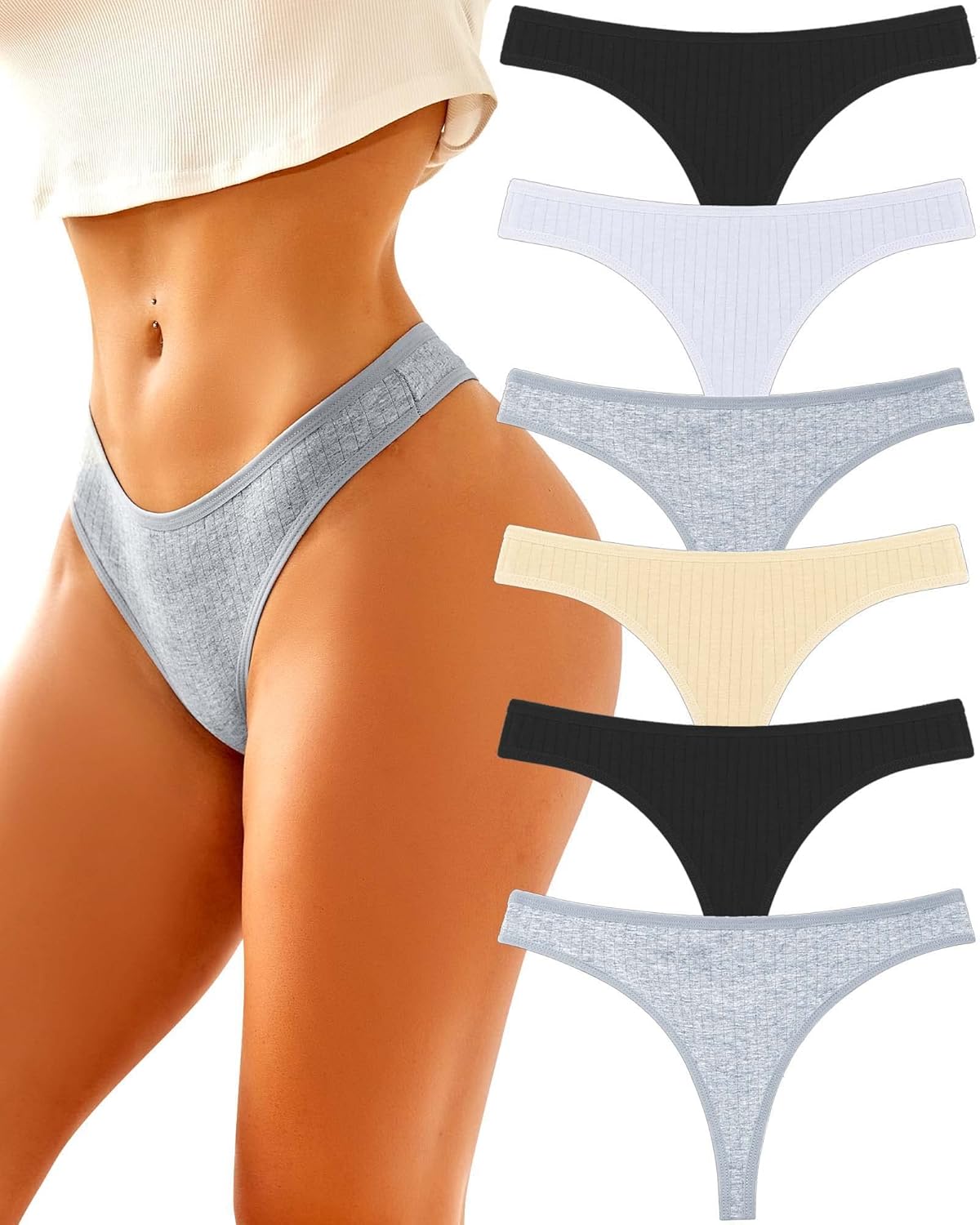 FINETOO Cotton Thongs for Women Soft Low Rise Sexy Thong Ladies Panties Womens Underwear 6 Pack S-XXXL