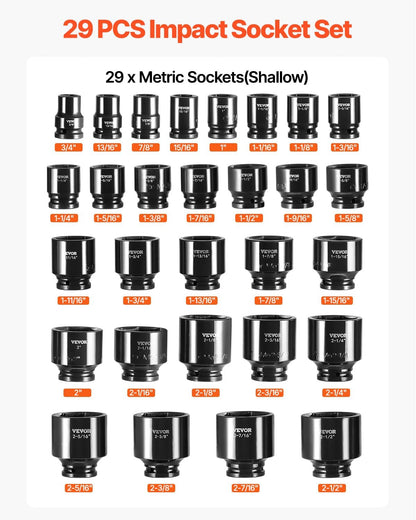 VEVOR Impact Socket Set 3/4 Inches 29 Piece Impact Sockets, 6-Point Sockets, Rugged Construction, CR-M0, 3/4 Inches Drive Socket Set Impact SAE 3/4 inch - 2-1/2 inch, with a Storage Cage
