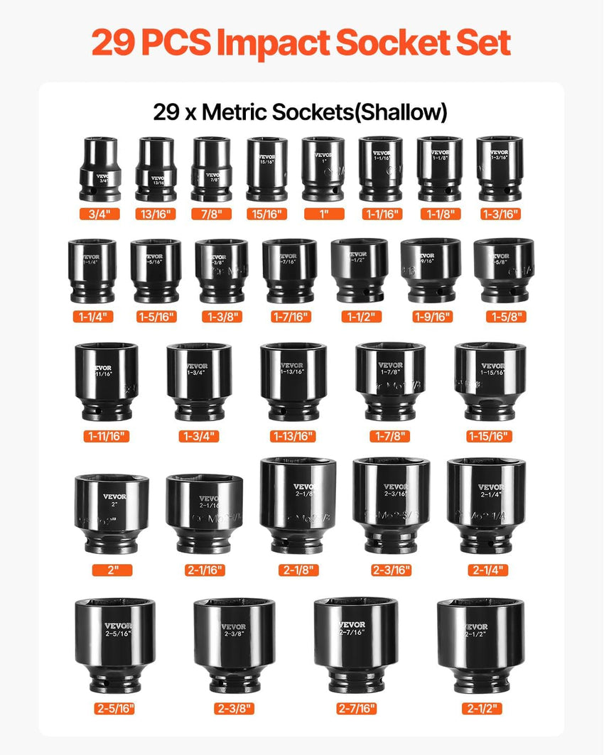 VEVOR Impact Socket Set 3/4 Inches 29 Piece Impact Sockets, 6-Point Sockets, Rugged Construction, CR-M0, 3/4 Inches Drive Socket Set Impact SAE 3/4 inch - 2-1/2 inch, with a Storage Cage
