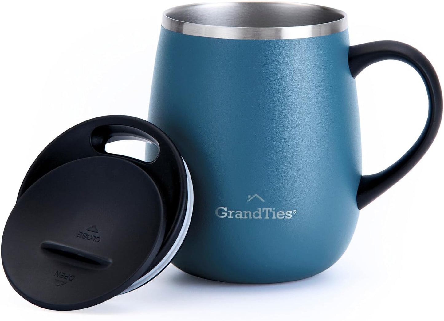 GRANDTIES Insulated Coffee Mug with Handle–Sliding Lid for Splash-Proof 16oz Wine-Glass Shape Thermal Tumbler with Double Walled Vacuum Stainless Steel to Keeps Beverages Hot or Cold-Cognac Metallic