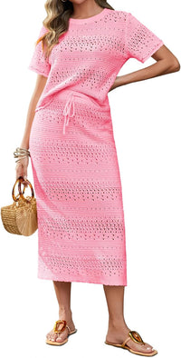 Tankaneo Womens Crochet Cover Up 2 Piece Skirt Sets Short Sleeve Knit Top Midi Skirt Vacation Travel Outfits