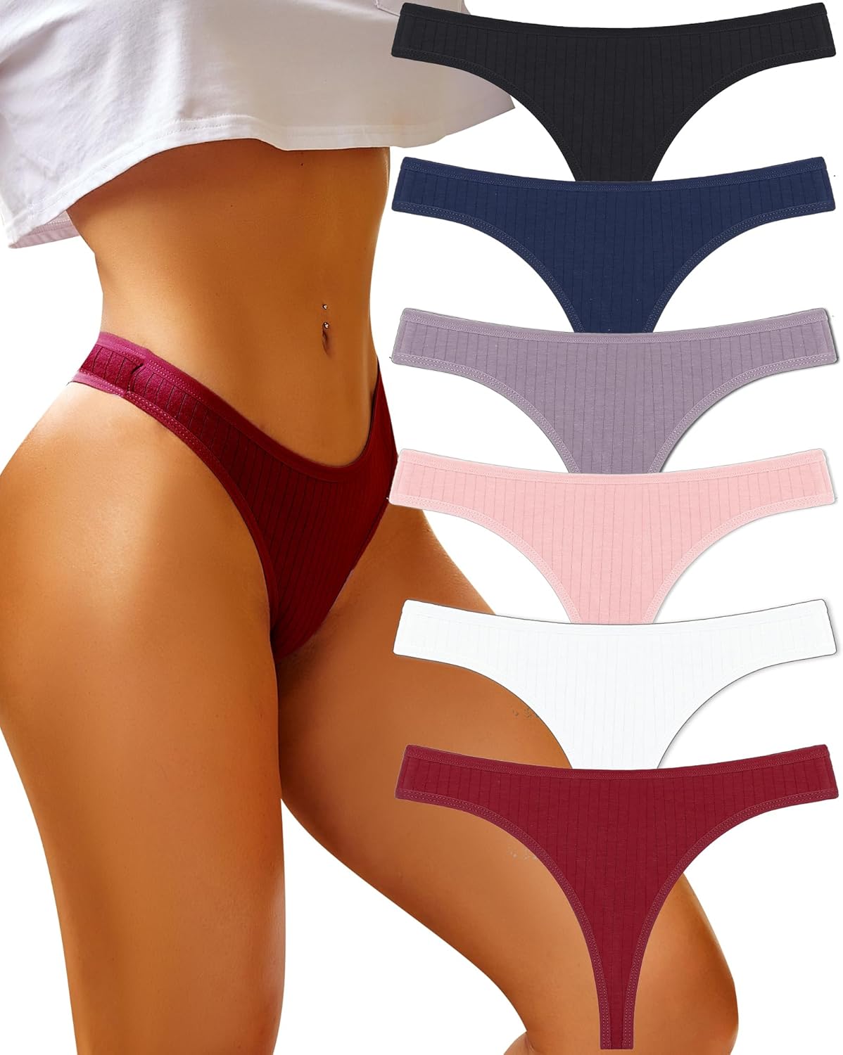 FINETOO Cotton Thongs for Women Soft Low Rise Sexy Thong Ladies Panties Womens Underwear 6 Pack S-XXXL