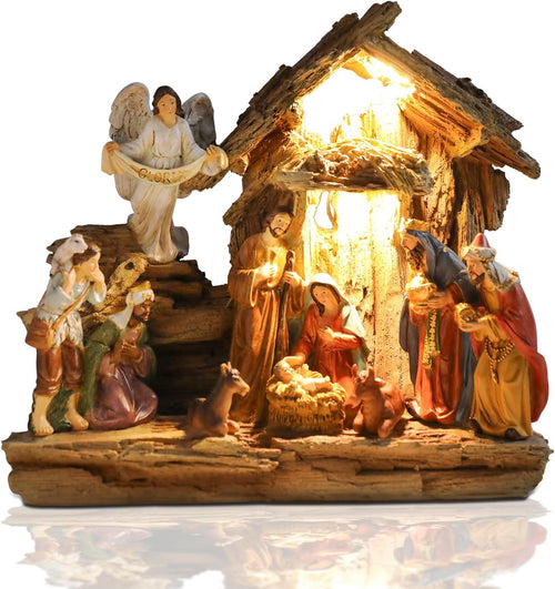 Yinns 9.8 Inch Christmas Nativity Sets, Light Up Nativity Scene Indoor, Manger Nativity Scene Figures Set Holy Family Christmas Tabletop Decotation