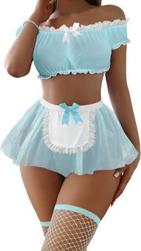 Sexy Stockings Mini Skirt Mesh Sheer Lace Halloween Costume Maid Outfit Lingerie with Thong Set 4 Piece