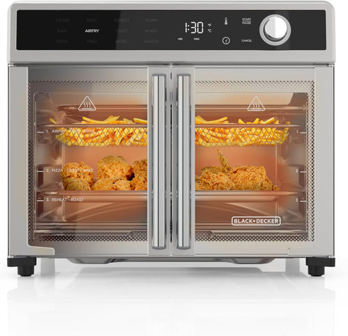 BLACK+DECKER Crisp 'N Bake Air Fryer Toaster Oven Combo, 12 in 1 Countertop Convection Oven Cooks Food Fast, Fits a Whole Pizza or 6 Toast Slices, French Doors with Stainless Steel Finish