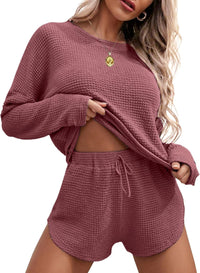 Ekouaer Womens Waffle Knit Pajama Sets Long Sleeve Top and Shorts Matching Lounge Set Loungewear Sweatsuit with Pockets