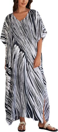 Women's Plus Size Loose Fit Moroccan Print V-Neck Batwing Kaftan Beach Dress Bathing Suit Cover Up