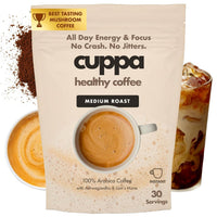Cuppa Healthy Mushroom Insant Coffee with Lion's Mane & Ashwagandha for All Day Energy & Focus - No Crash or Jitters - Nootropics for Brain Health, Gut Health, Immunity, Stress, Memory + Mood 30 Servings, Medium Roast