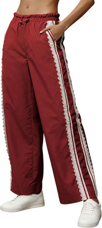 Women Baggy Track Pants Lace Side Stripe Drawstring Elastic Waist Wide Leg Parachute Pants with Pockets