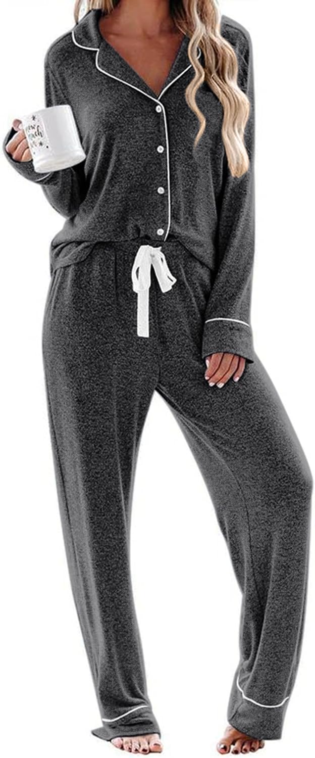 Ekouaer Women's Pajamas Long Sleeve Sleepwear Casual Button Down Loungewear Soft Pjs Set S-XXL