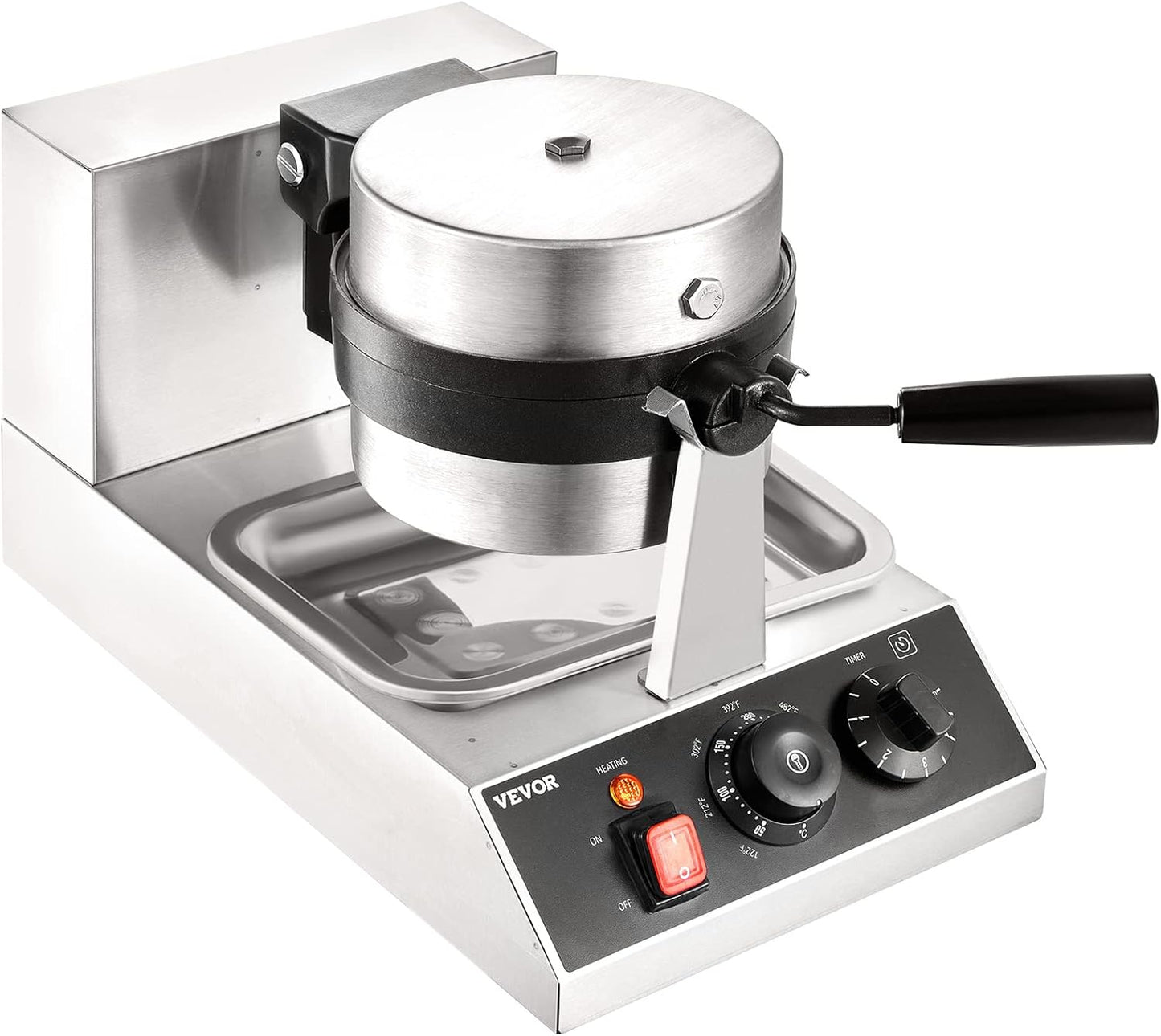 VEVOR Commercial Waffle Maker, 1300W Round Waffle Iron, Non-Stick Rotatable Waffle Baker Machine With 122-572℉ Temp Range and Time Control, Teflon-Coated Baking Pan Stainless Steel Body 120V