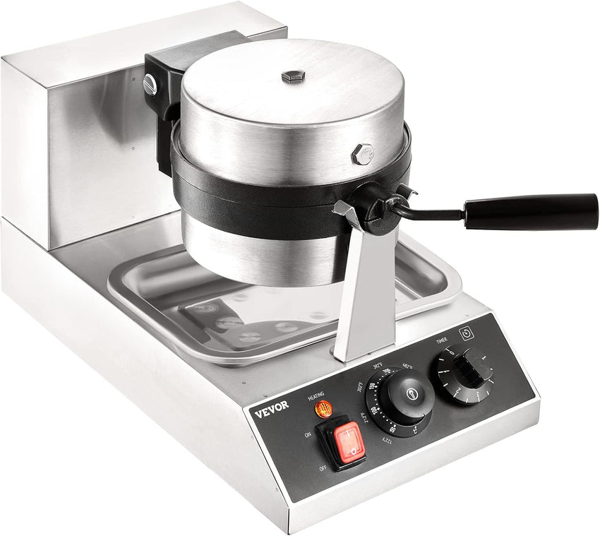 VEVOR Commercial Waffle Maker, 1300W Round Waffle Iron, Non-Stick Rotatable Waffle Baker Machine With 122-572℉ Temp Range and Time Control, Teflon-Coated Baking Pan Stainless Steel Body 120V
