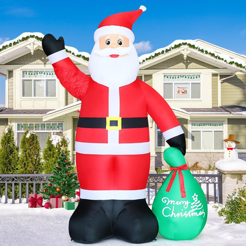 GOOSH 10.3 FT Waving Christmas Inflatable Santa Decorations, Outdoor Christmas Santa Claus with Gift Bag&Animated Hand Blow Up Yard Decor with Built-in LEDs for Xmas Holiday Party Garden Lawn
