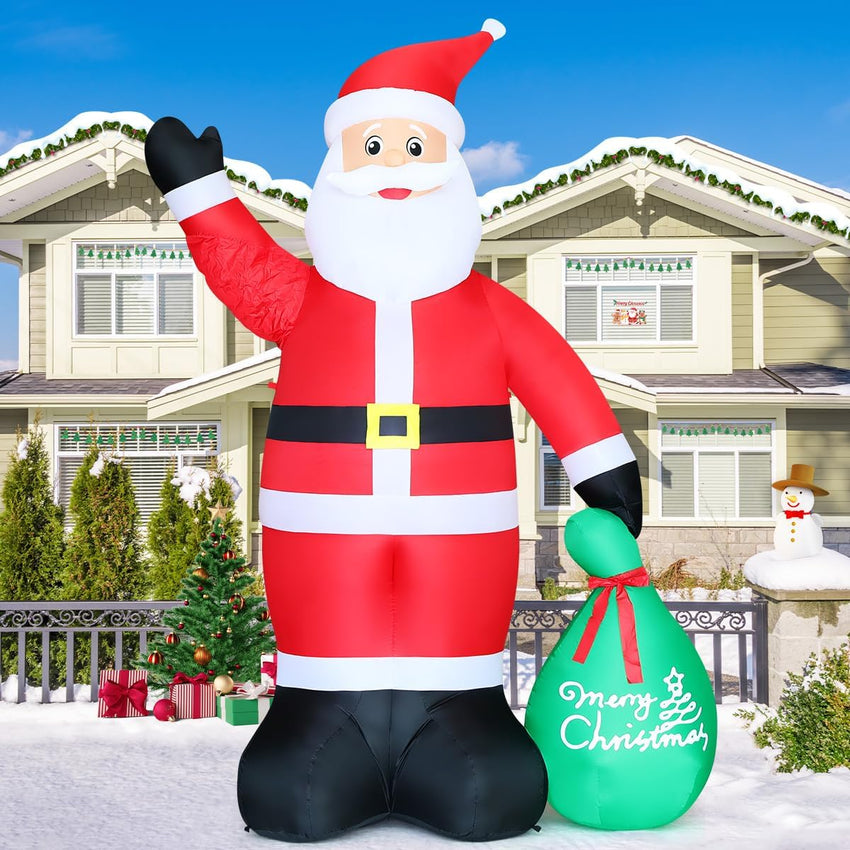 GOOSH 10.3 FT Waving Christmas Inflatable Santa Decorations, Outdoor Christmas Santa Claus with Gift Bag&Animated Hand Blow Up Yard Decor with Built-in LEDs for Xmas Holiday Party Garden Lawn
