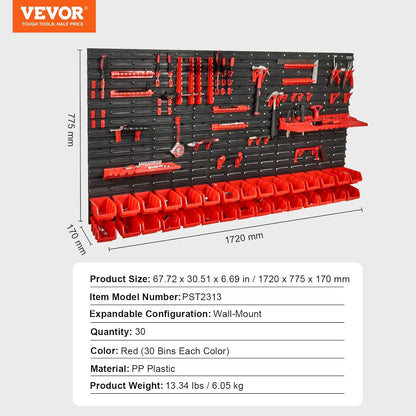 VEVOR Wall Mounted Storage Rack System, 30-Bin Parts Rack Organizer with Wall Panels/Tool Holders/Hooks, Garage Plastic Shop Tool Organizer for Nuts, Bolts, Screws, Nails, Beads, Buttons