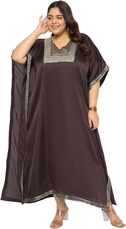 Gypsie Blu Women’s Plus Size Satin Sequin Kaftan Dress with Kimono Sleeves Casual Resort Wear Stylish Loose Fit Evening Dress