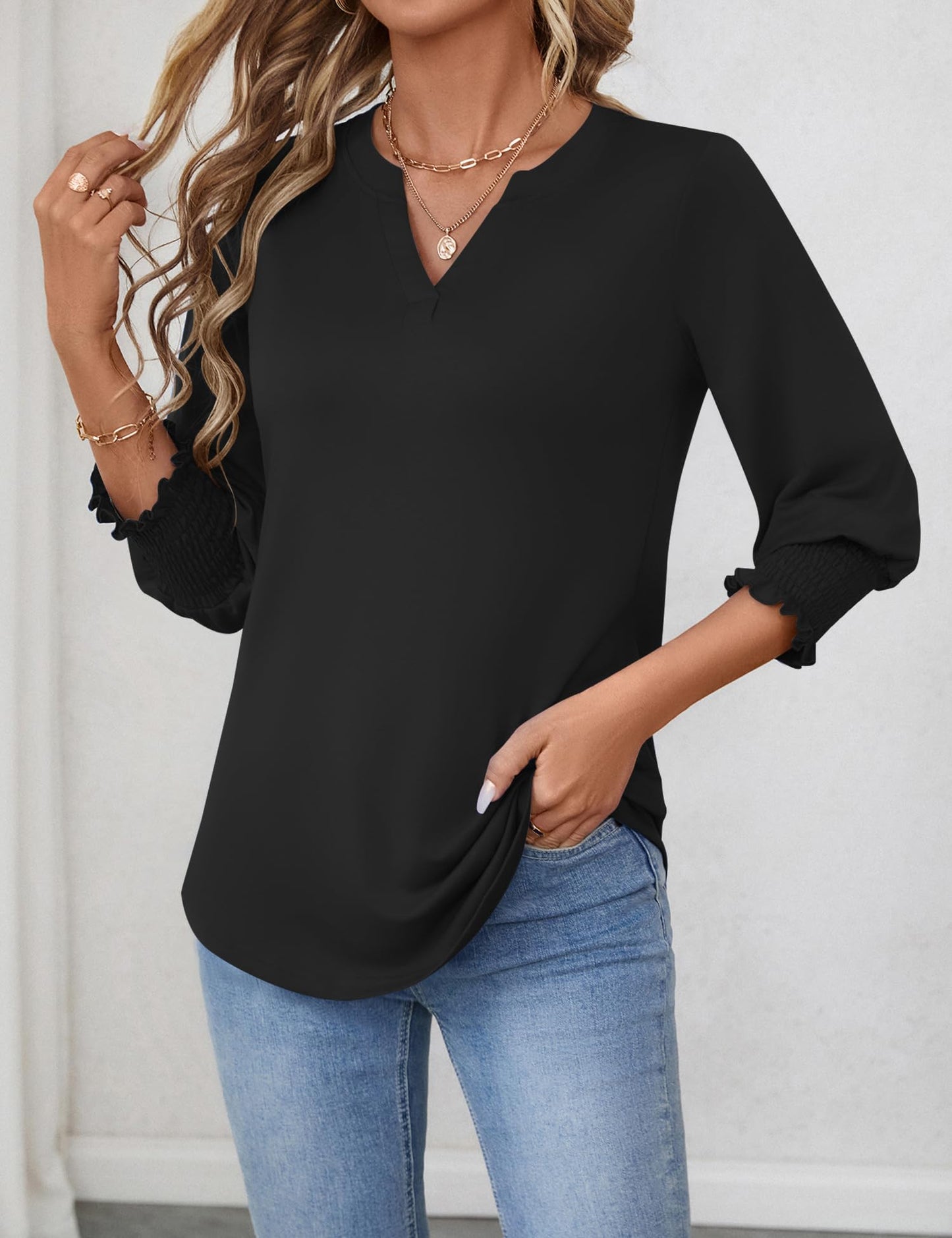 LOMON Blouses for Women Dressy Casual 3/4 Sleeve Tops for Women V Neck T Shirt Ladies Tops and Blouses Orange Blue Print L