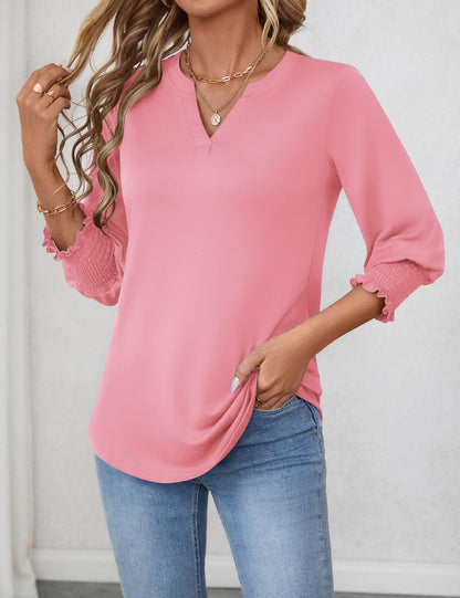 LOMON Blouses for Women Dressy Casual 3/4 Sleeve Tops for Women V Neck T Shirt Ladies Tops and Blouses Orange Blue Print L