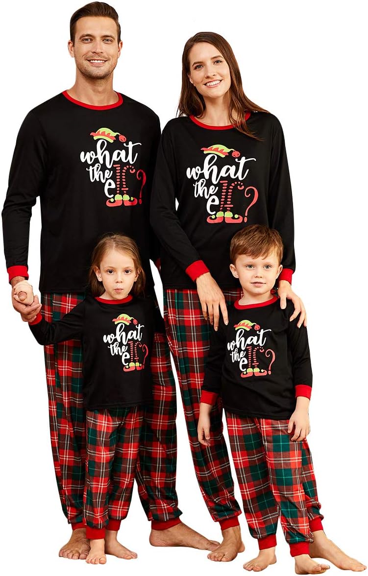 IFFEI Matching Family Pajamas Sets Christmas PJ's Letter Print Top and Plaid Bottom Sleepwear Jammies with Pockets