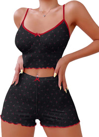 Hilinker Womens Graphic Print Ribbed PJ Set Crop Cami Tops and Shorts Cute Pajamas Set